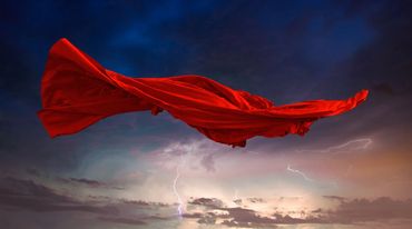 Cloth flying in sky with lightning. Mixed Media.