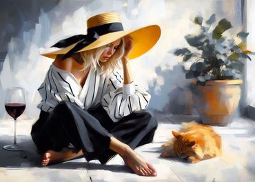 Woman with a large yellow hat sitting on the floor with a glass of wine and a cat
