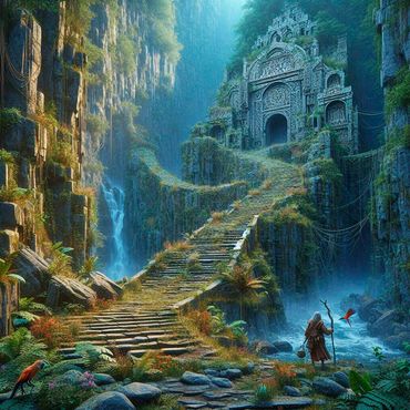 A temple with a long staircase in a deep valley with an old man with a staff getting water