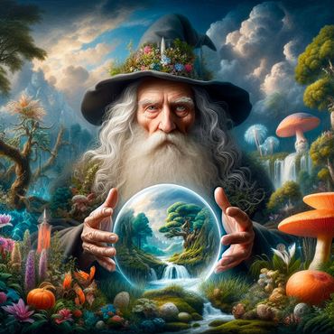 Wizard in a fantasy garden with a glass ball with a realistic garden