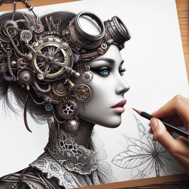 Hand drawing a Steampunk woman on paper.