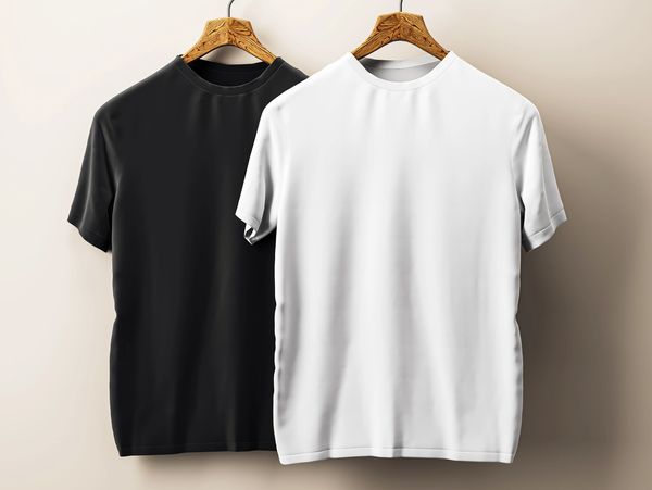 Black and white t-shirts hanging on wooden hangers against neutral background