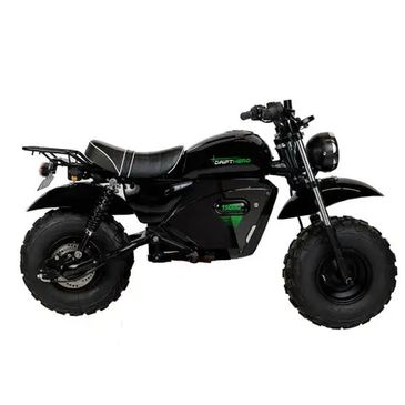 Black electric mini bike with thick tires.