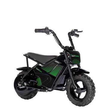 Black and green electric minibike with thick tires.