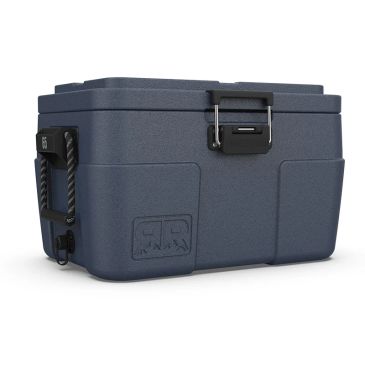 Sturdy blue cooler box with handles and latch.