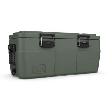 Green portable cooler box with black latches and handles.