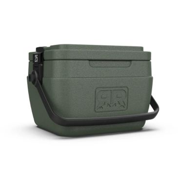 Green portable cooler with black handle.
