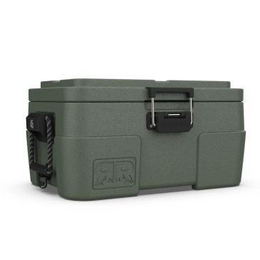 Green insulated cooler box with black handles.