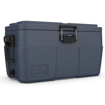 Dark blue portable cooler box with handles and latch.