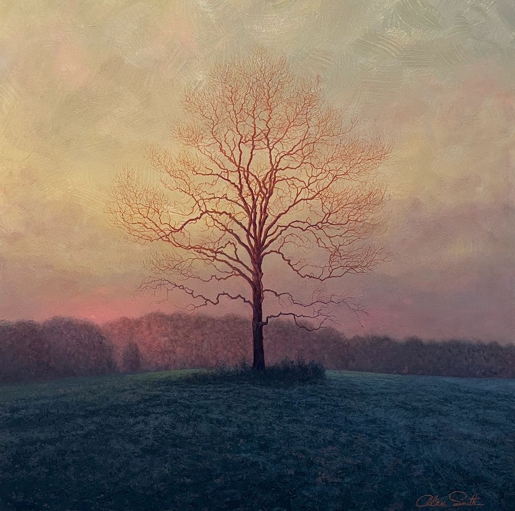 A solitary tree at sunset on a hill.