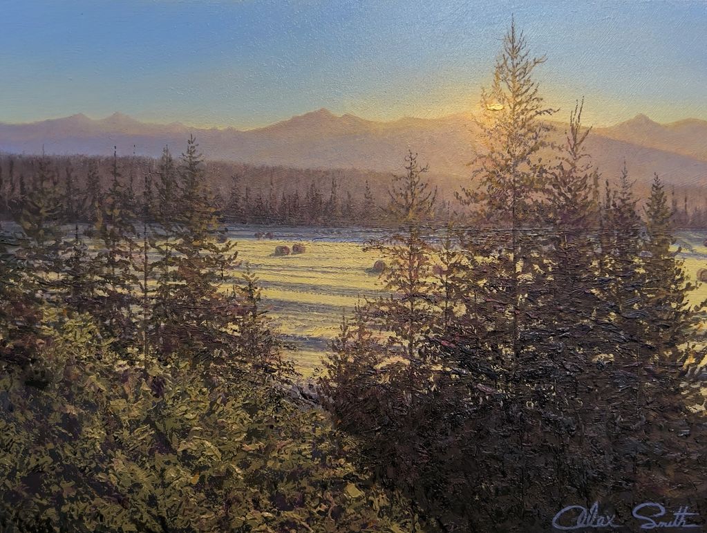 Sunset over a forest and field with mountains in the background.