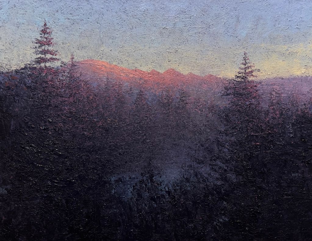 Sunset over a mountain range with silhouetted trees.