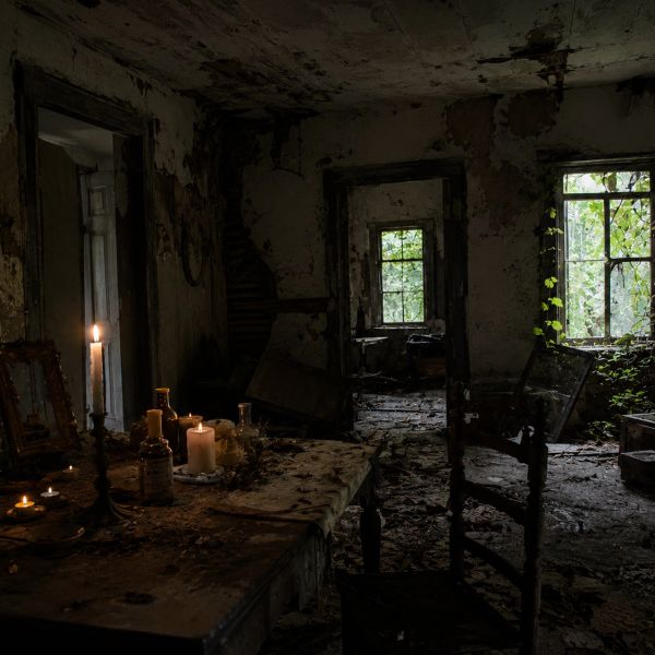 Dark abandoned room lit by candles.