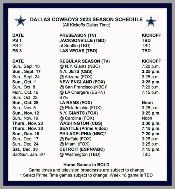 Full 2023 Dallas Cowboys schedule with dates and times