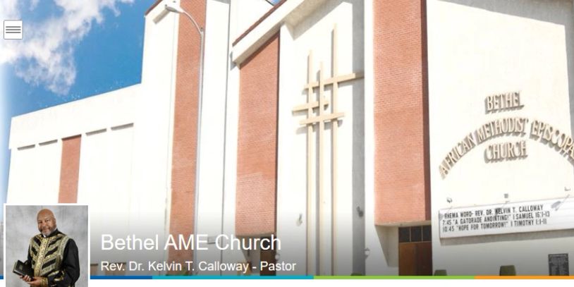 Exterior view of Bethel AME Church with pastor's photo inset.