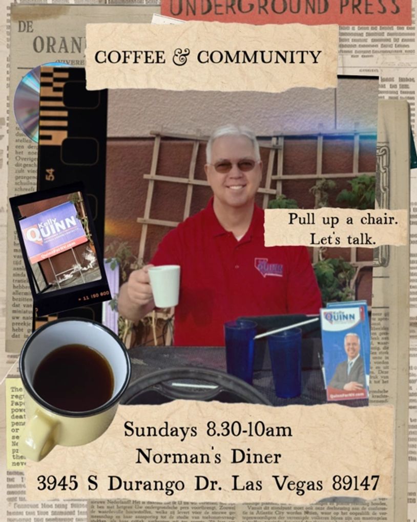 Man in red shirt holding coffee cup at community event.