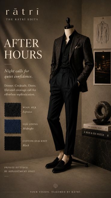 Sophisticated men's suit in dark tones for elegant evening occasions.
