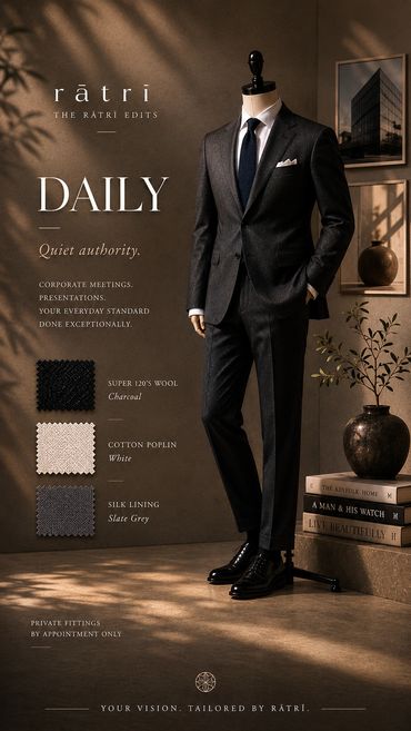 Elegant charcoal wool suit for corporate confidence and style.