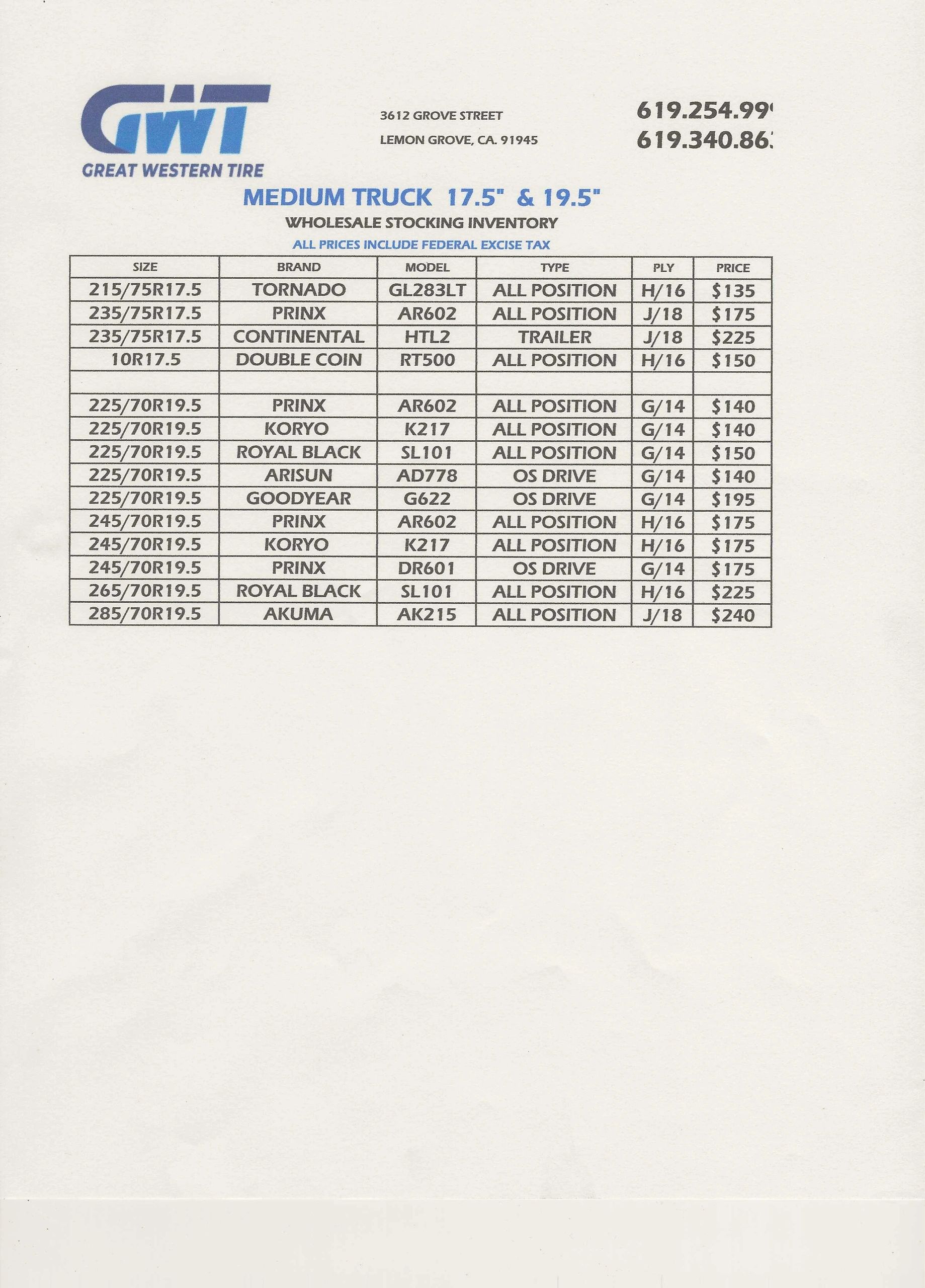 Great Western Tire medium truck tire inventory and prices.