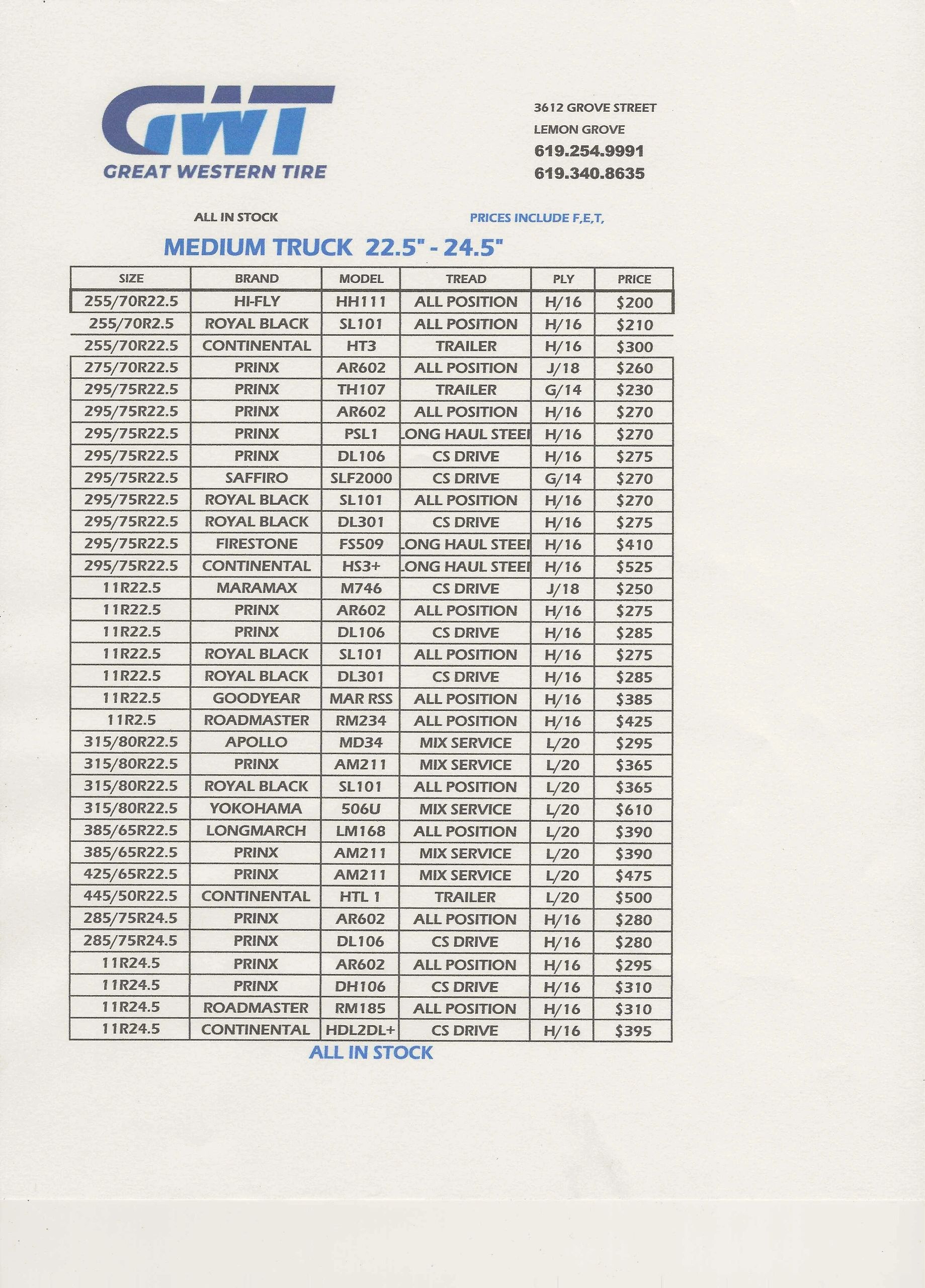 Price list for medium truck tires from Great Western Tire.