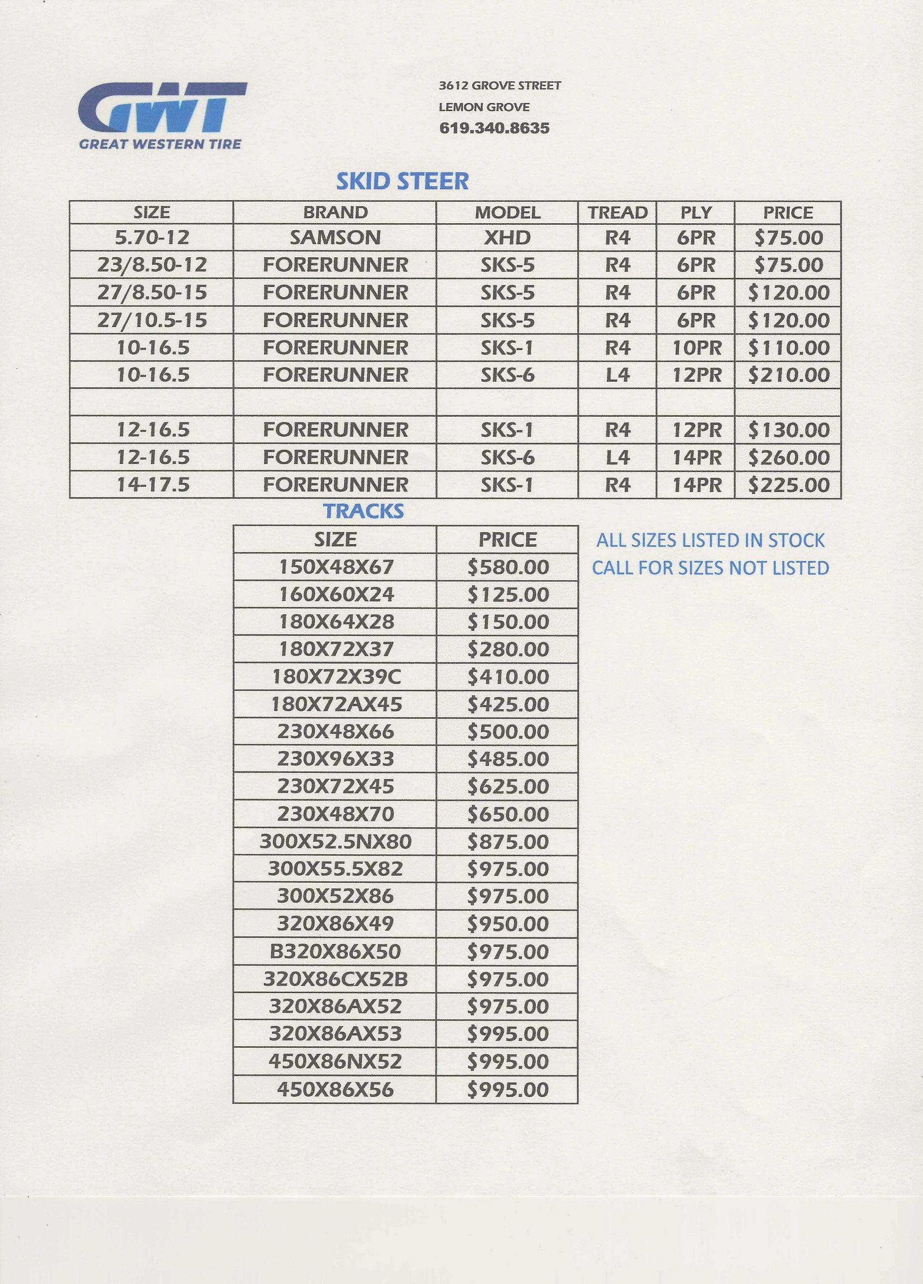 Price list for skid steer tires and tracks from Great Western Tire.
