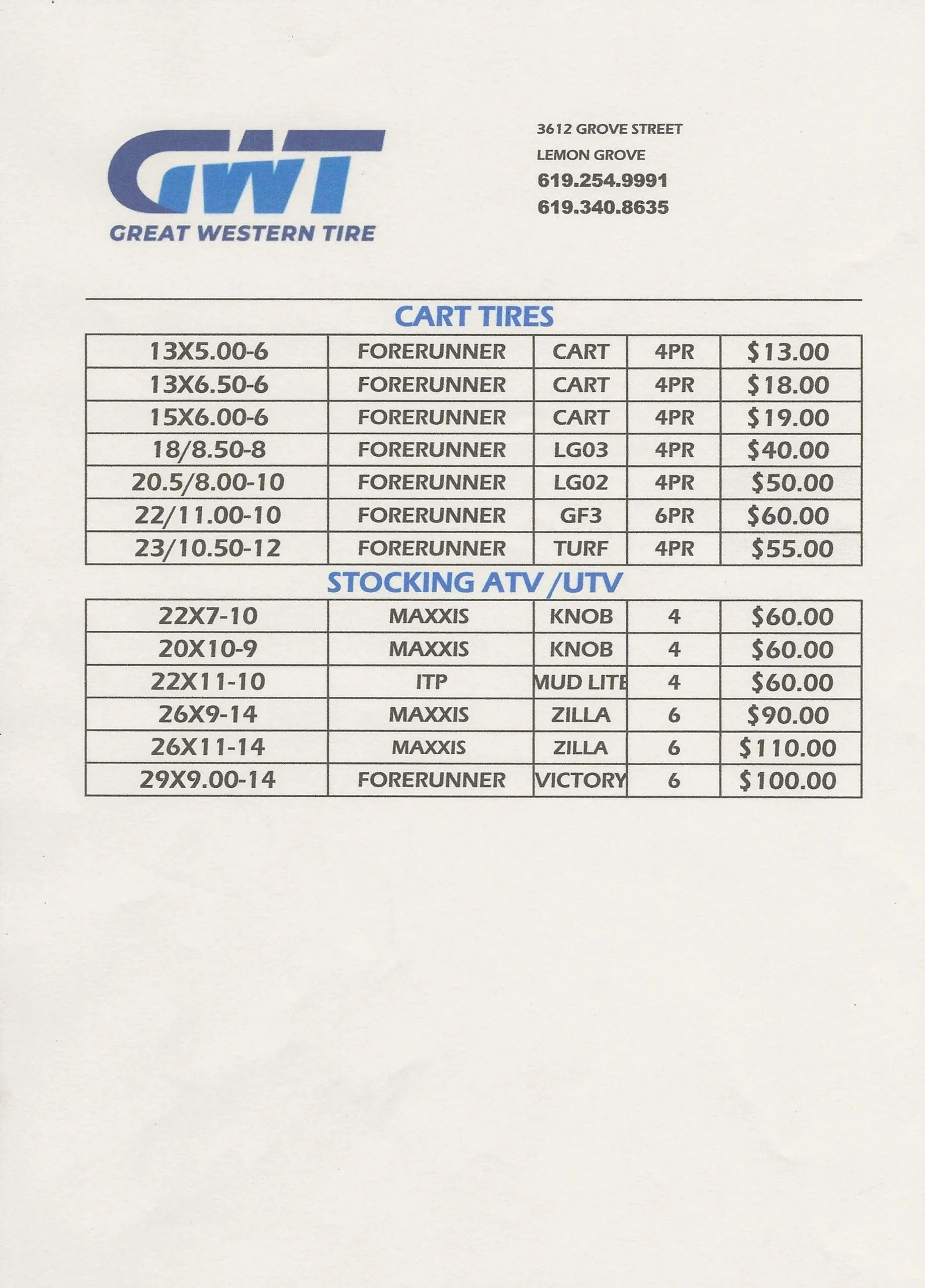 Great Western Tire price list for cart and ATV/UTV tires.