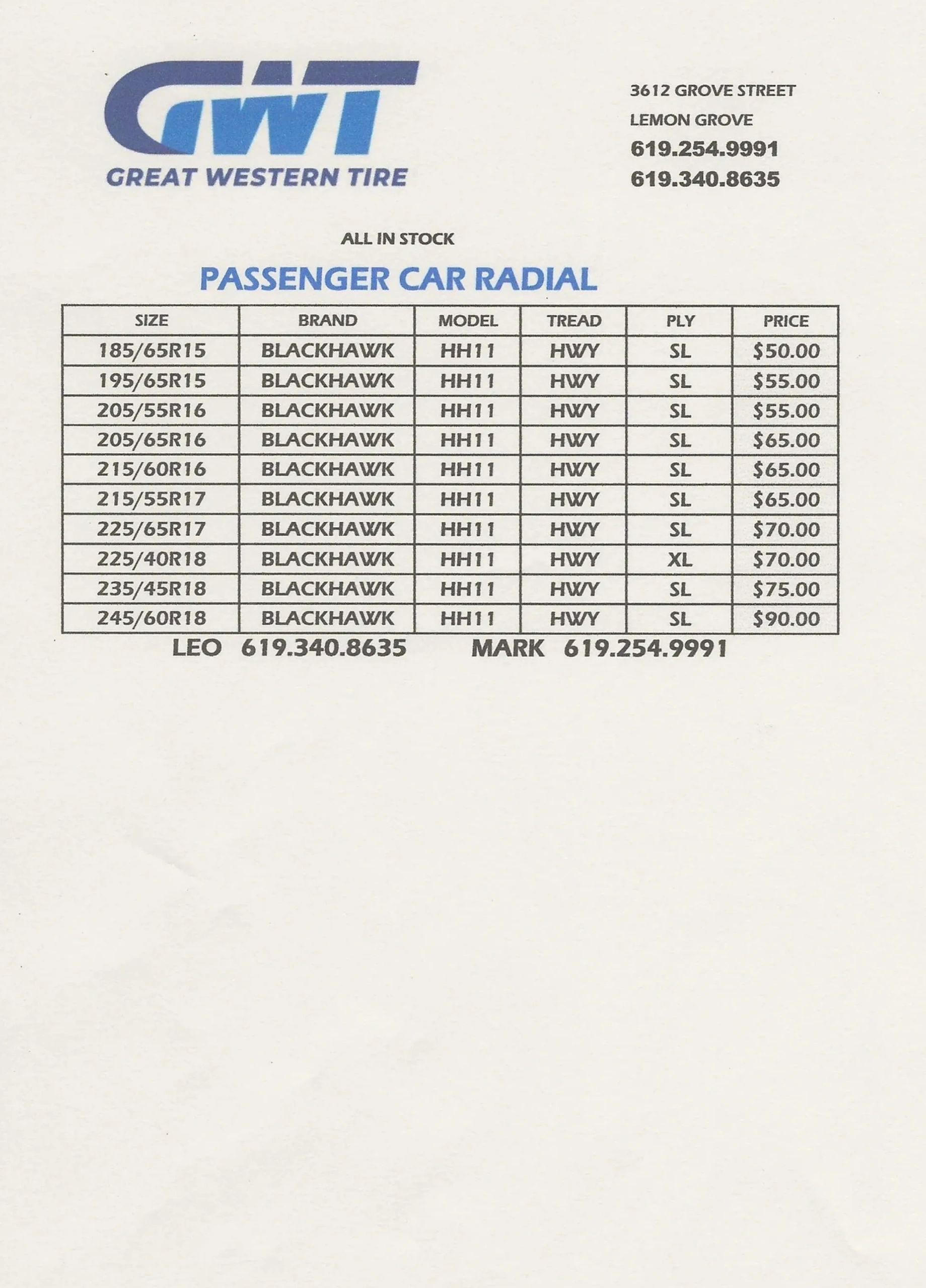 Tire price list from Great Western Tire in Lemon Grove.
