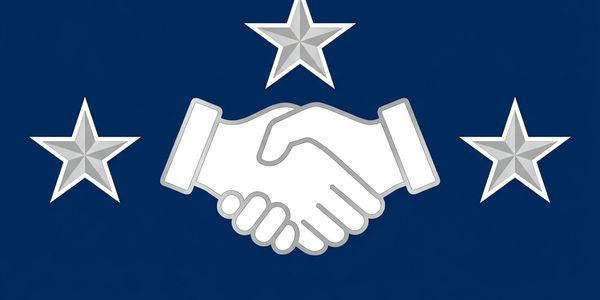 Handshake icon with three stars on a blue background symbolizing agreement.