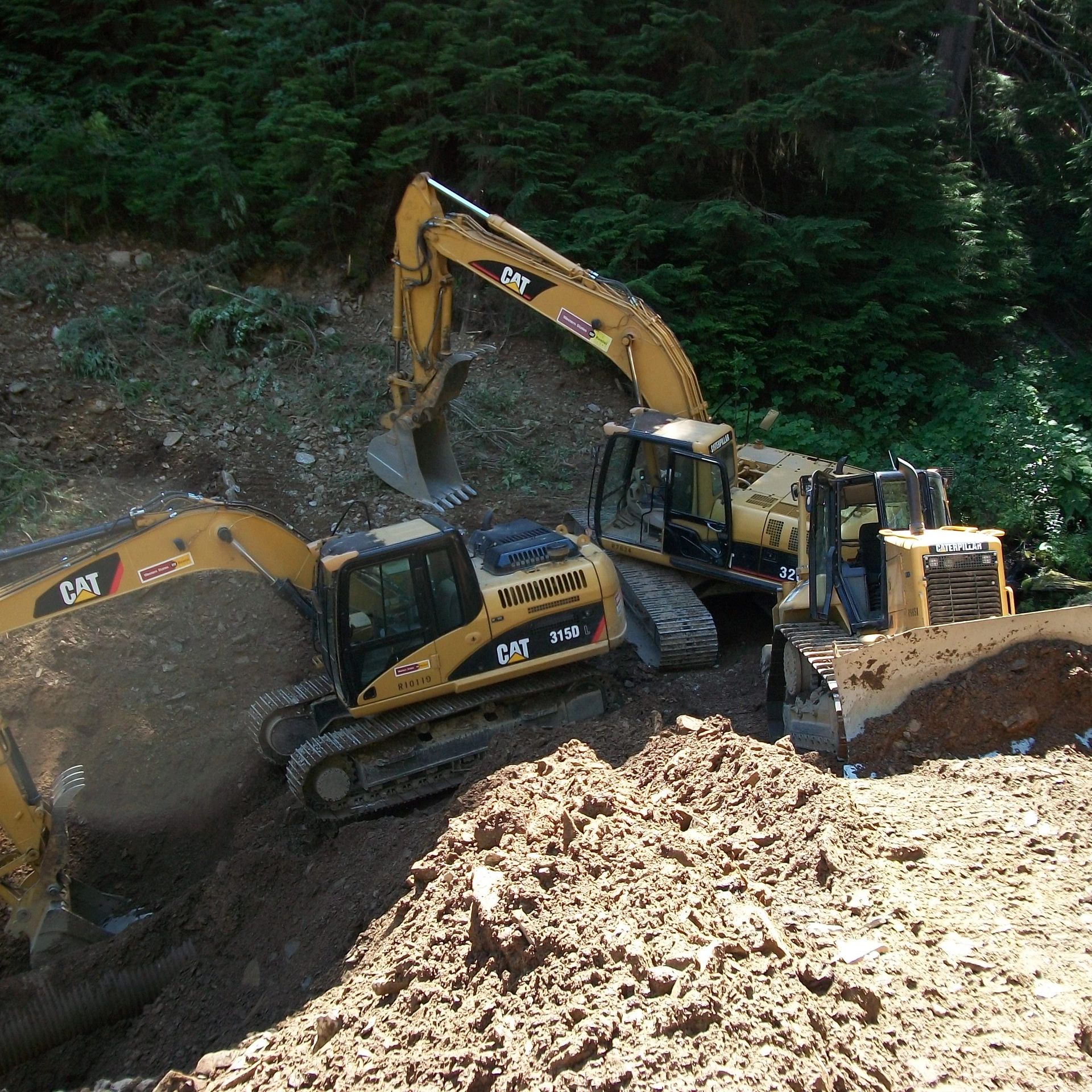 Caterpillar excavators working in a forested area.