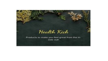 Health Kick logo with natural foliage background promoting wellness products.