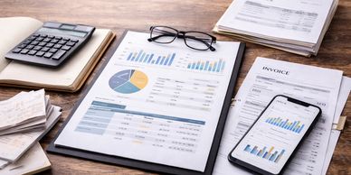 QuickBooks Online financial documents with charts, calculator, and smartphone on wooden table.