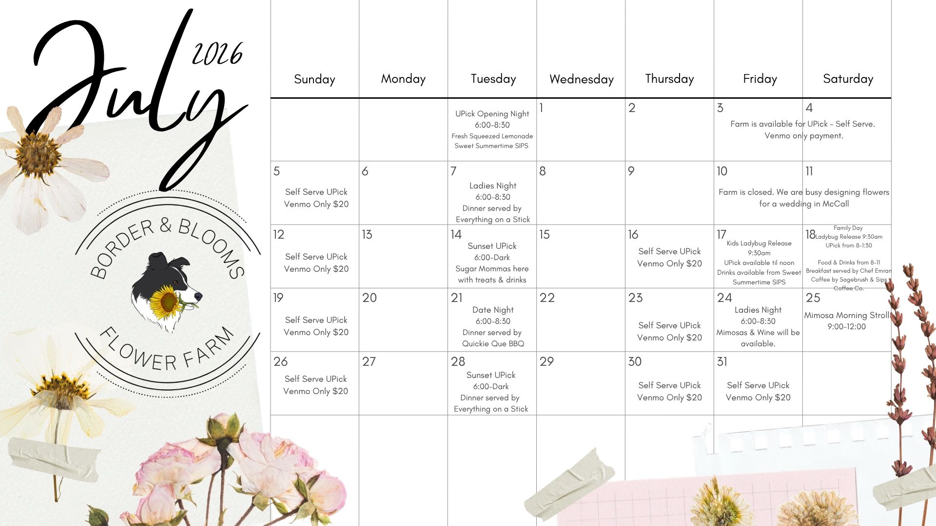 July 2026 calendar from Border &amp; Blooms Flower Farm with events and UPick days.