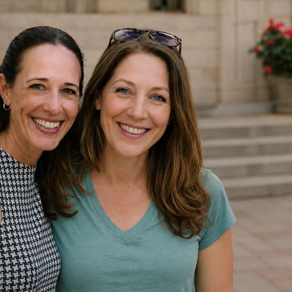 Two women smiling and posing together outdoors.