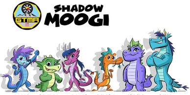 Six colorful cartoon dragon characters with GTMA Shadow Moogi text.