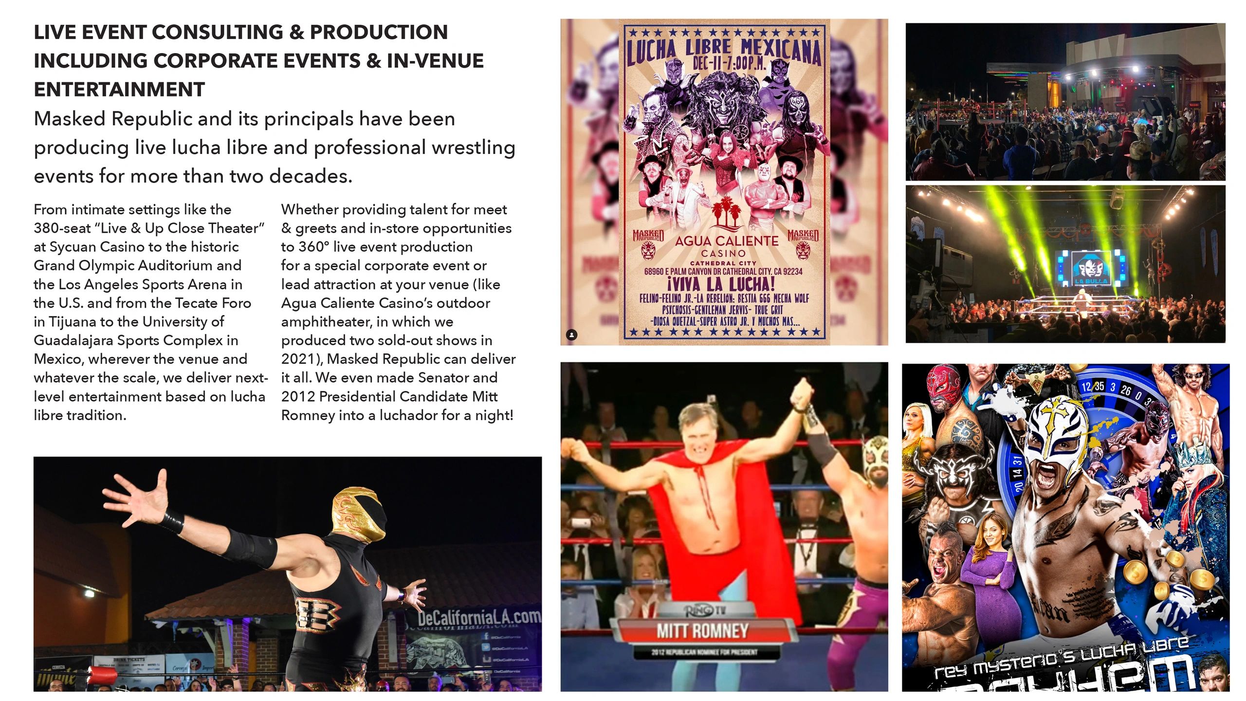 Lucha libre event consulting and production with live shows and corporate entertainment.