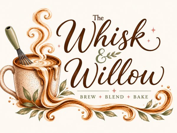 Logo of The Whisk &amp; Willow with coffee cup and swirls.