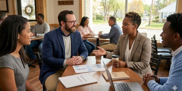 Four professionals engaged in a lively discussion around a table in a cozy cafe.