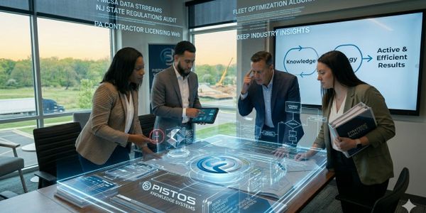 Four professionals collaborate using a futuristic holographic table in a modern office.