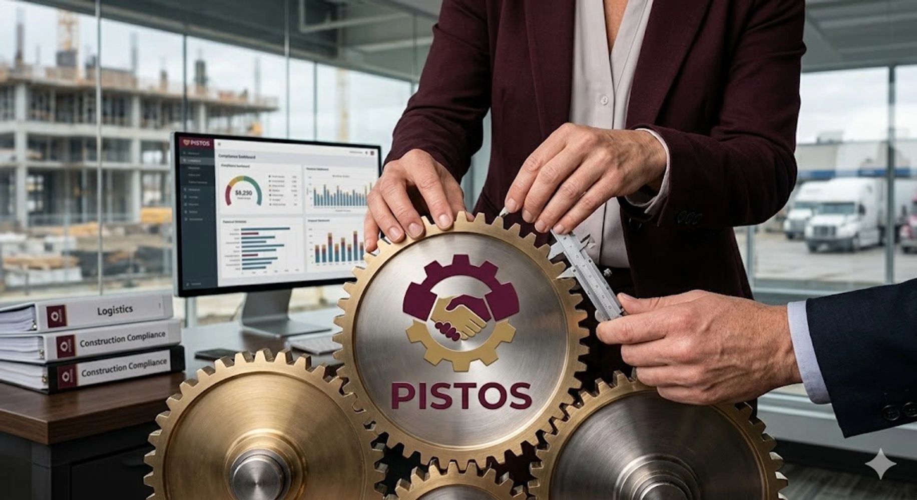 Two professionals measure a gear with the PISTOS logo in an office setting.