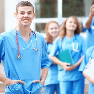 Nurses and caregivers in scrubs