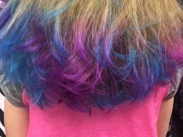 Kids, children, fun hair colored hair. Hair coloring for kids, children. Blue, purple, pink color 
