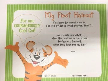 1st haircut for toddlers, children, kids, & babies. Certificate with swatch of hair to remember this
