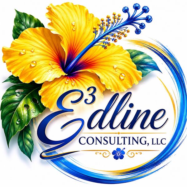 Vibrant yellow hibiscus flower with water droplets and green leaves in Edline Consulting, LLC logo.