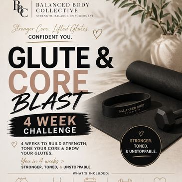Fitness challenge poster promoting a 4-week glute and core workout program.