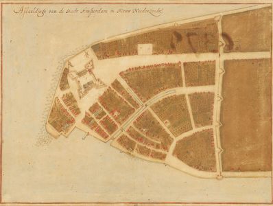 Antique map of Amsterdam in New Netherland with detailed streets and fortifications.