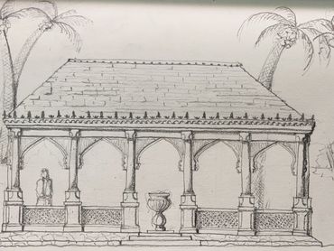 Sketch of a pavilion with columns and palm trees.