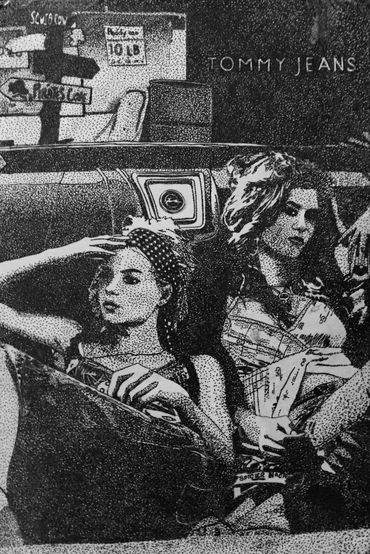 Black and white drawing of two women by a vintage car with Tommy Jeans text.