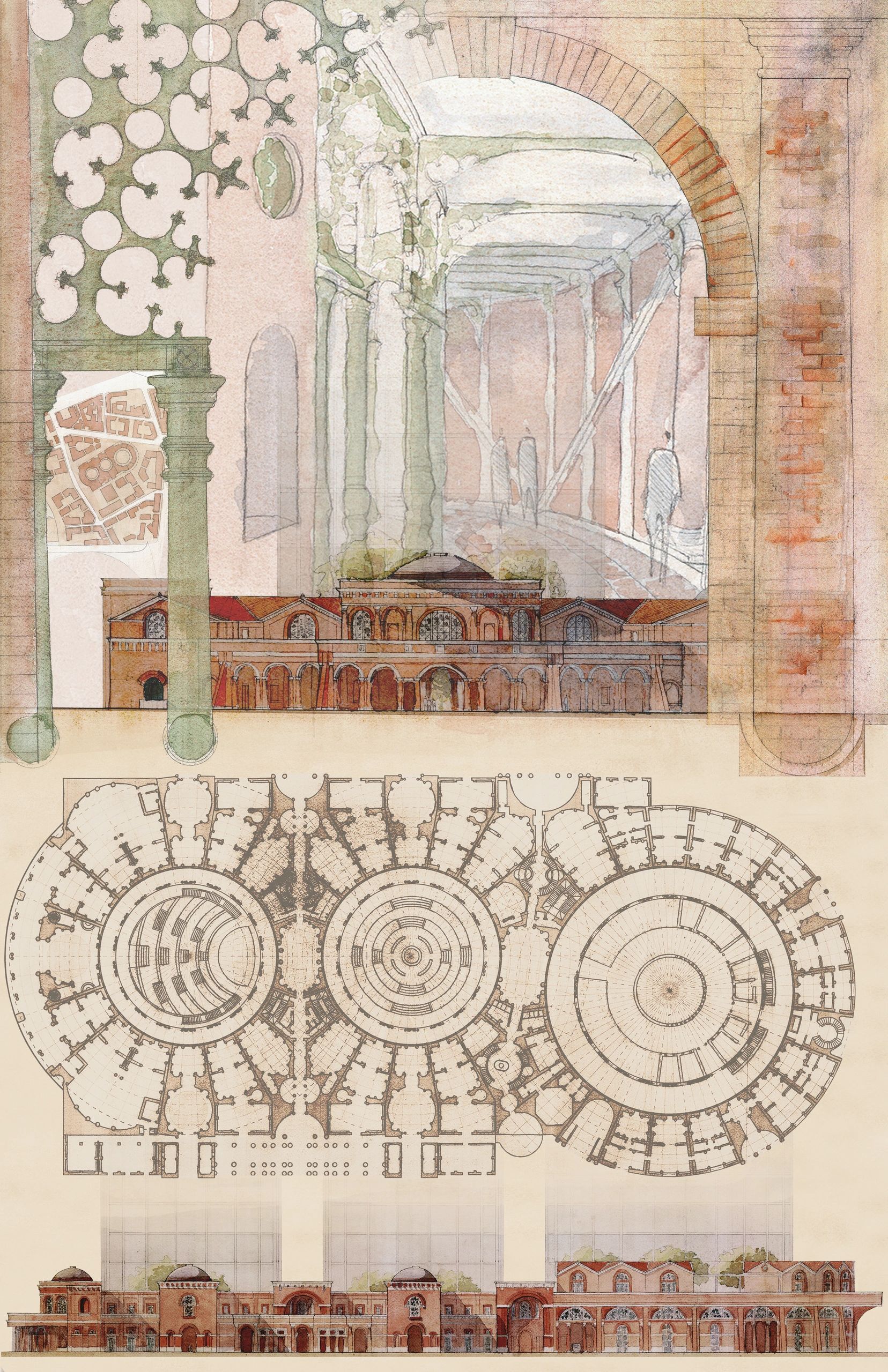 Architectural drawing showing floor plans and detailed elevations of a classical building.
