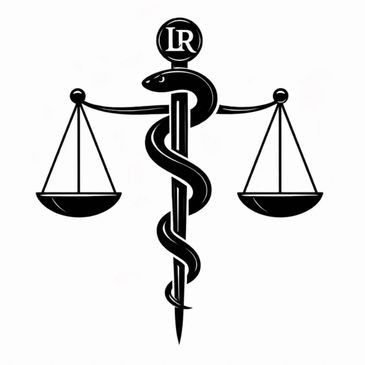 A caduceus with the scales of justice and LR for Last Responder 