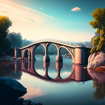 bridge reflecting over water in a rural scene